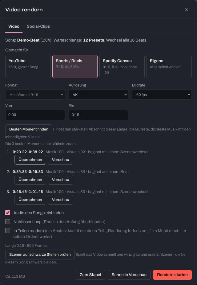 Besten Moment finden: die drei stärksten Abschnitte des Songs, jeweils mit Übernehmen und Vorschau.
