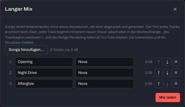 Das Fenster „Langer Mix“ mit zwei Songs in ihrer Reihenfolge, samt Titeln und Künstlern.