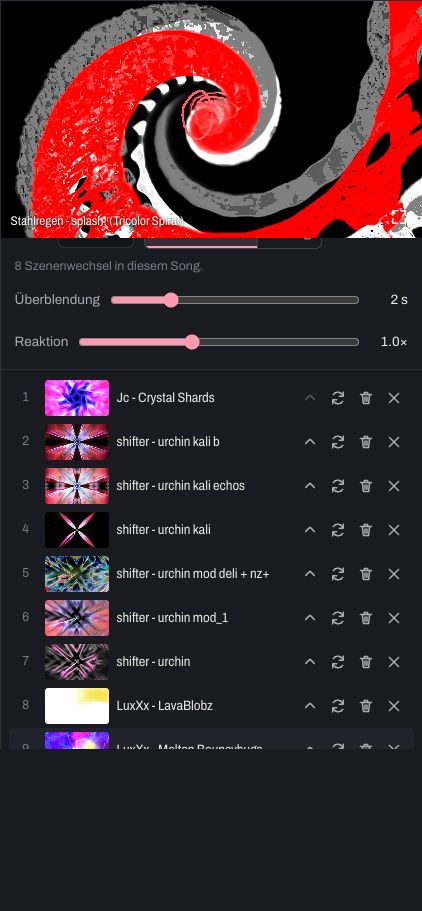 Der Bereich „Warteschlange“: die Presets in ihrer Reihenfolge, die Wechselregeln, Überblendung und Reaktion.