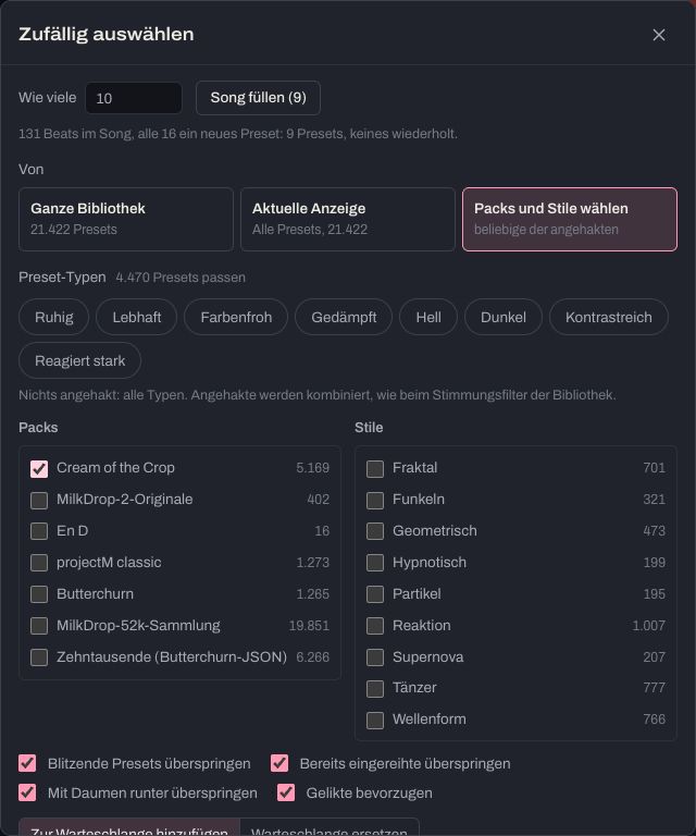 Das Fenster „Zufällig auswählen“: wie viele, woraus ausgewählt wird, Preset-Typen, Packs und Stile, „Zum Song passend“ und „Auswählen“.