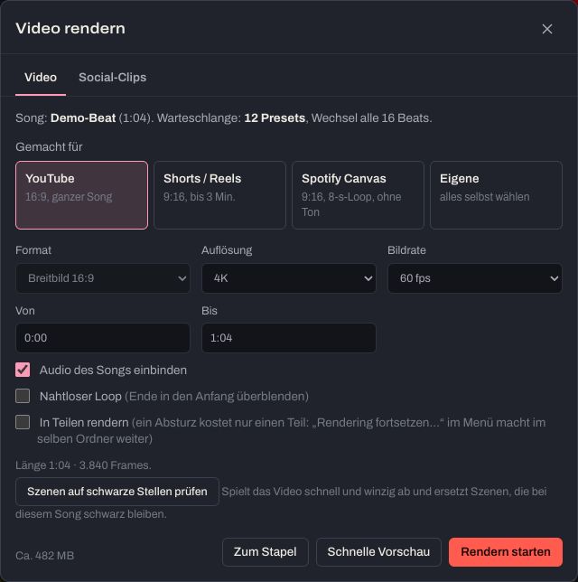 Das Fenster „Video rendern“: Gemacht für YouTube, Shorts und Reels, Spotify Canvas oder Eigene; Format, Auflösung, Bildrate, Von und Bis.