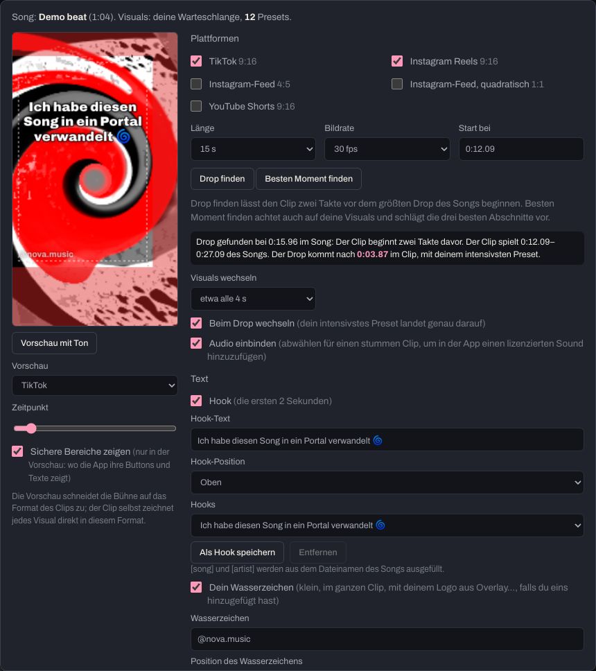 Der Tab Social-Clips: die Vorschau mit ihren sicheren Bereichen, die Plattformen sowie Hook, Wasserzeichen und Abspann.