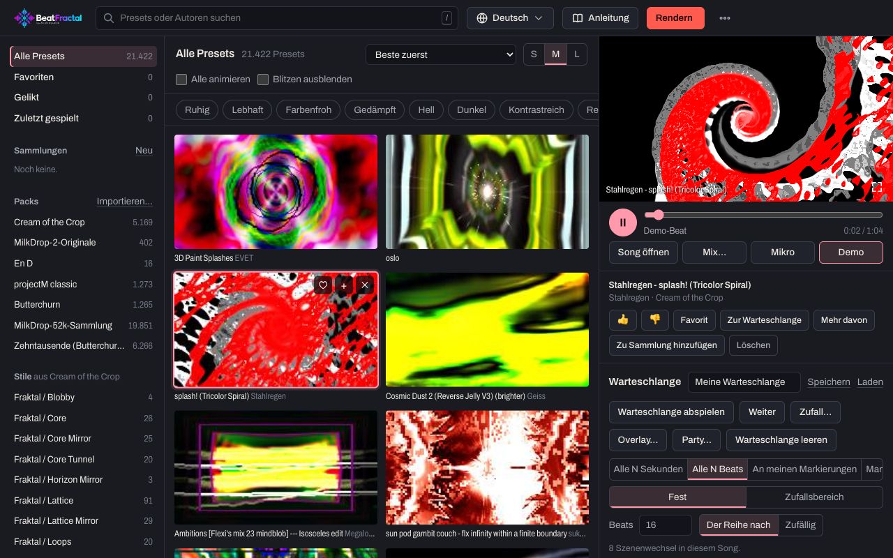 Das BeatFractal-Studio: links die Bibliothek mit den Visualizern, rechts die Live-Bühne und die Warteschlange.