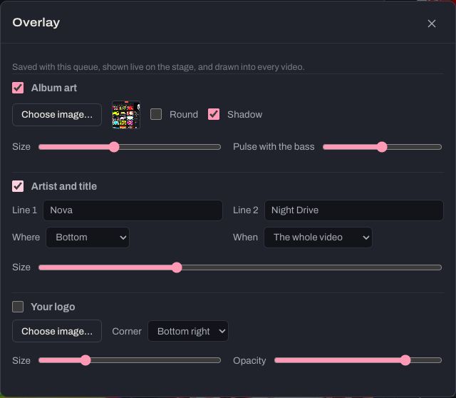 The Overlay window: album art, artist and title, and your logo, each with its options.