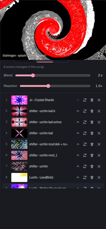 The queue panel: the presets in order, the switching rules, Blend and Reaction.