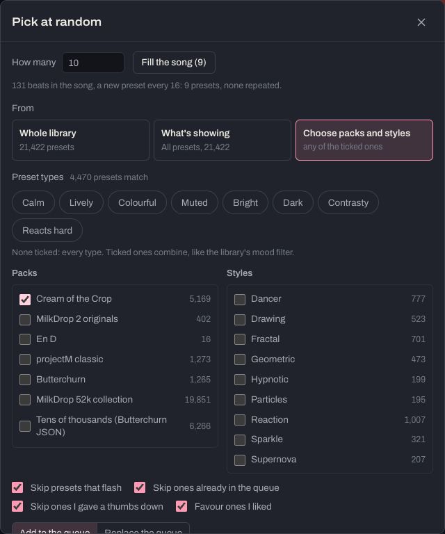 The Pick at random window: how many, where to pick from, preset types, packs and styles, Match the song and Pick.