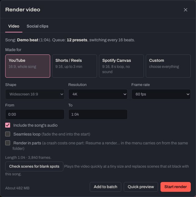 The Render video window: Made for YouTube, Shorts and Reels, Spotify Canvas or Custom; shape, resolution, frame rate, from and to.