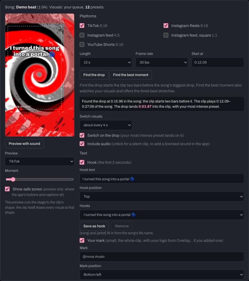 The Social clips tab: the preview with its safe zones, the platforms, and the hook, mark and end card.