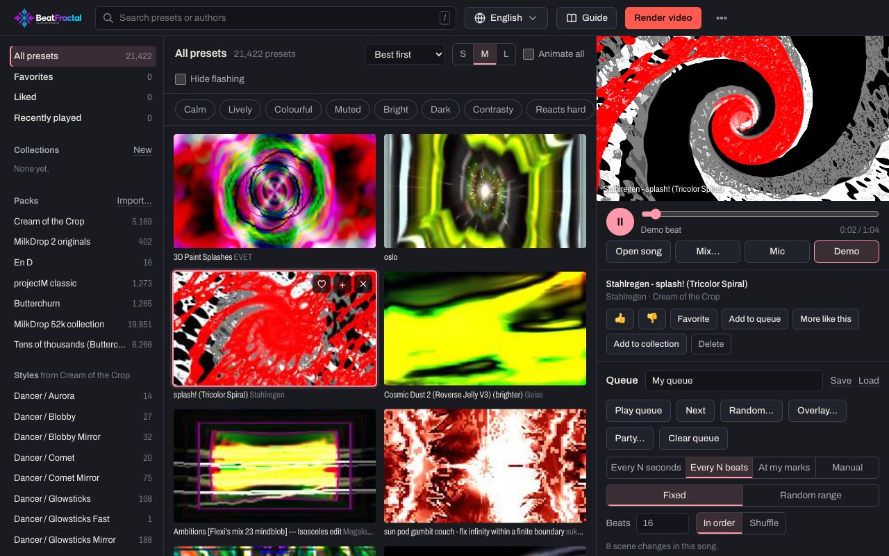 The BeatFractal studio: the library of visualizers on the left, the live stage and queue on the right.