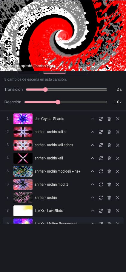 El panel de la cola: los presets en orden, las reglas de cambio, Transición y Reacción.