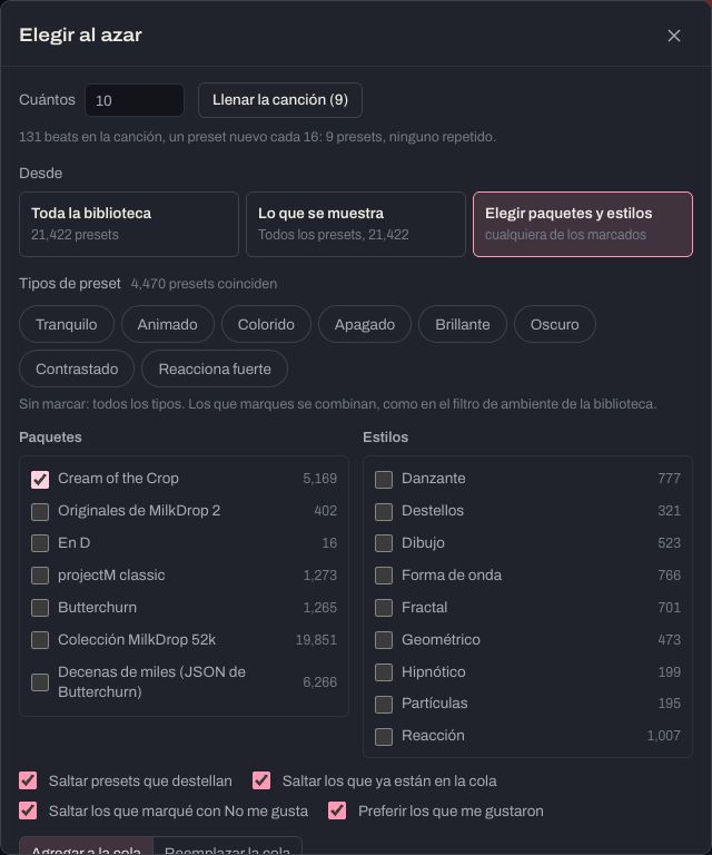 La ventana Elegir al azar: cuántos, de dónde elegir, tipos de preset, paquetes y estilos, Ajustar a la canción y Elegir.