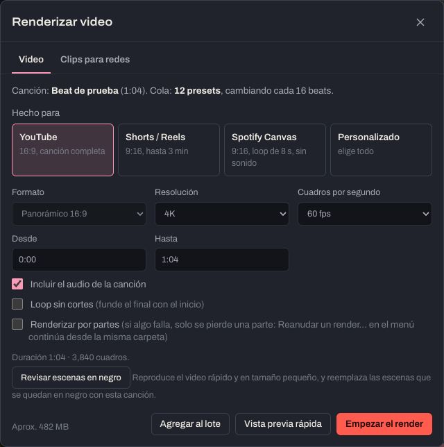 La ventana Renderizar video: Hecho para YouTube, Shorts y Reels, Spotify Canvas o Personalizado; formato, resolución, cuadros por segundo, desde y hasta.