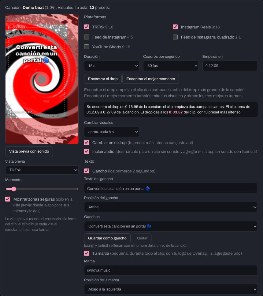 La pestaña Clips para redes: la vista previa con sus zonas seguras, las plataformas, y el gancho, la marca y la tarjeta final.
