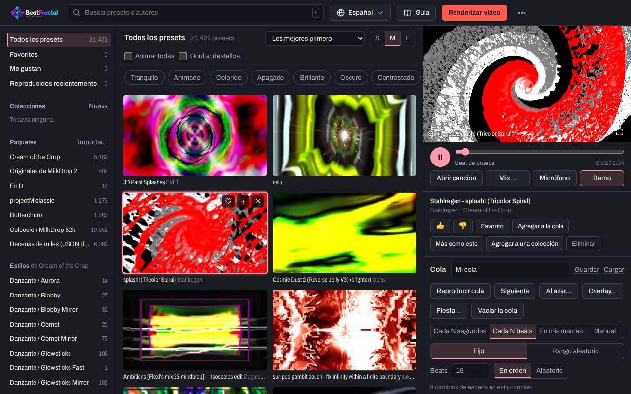 El estudio de BeatFractal: la biblioteca de visualizadores a la izquierda, el escenario en vivo y la cola a la derecha.