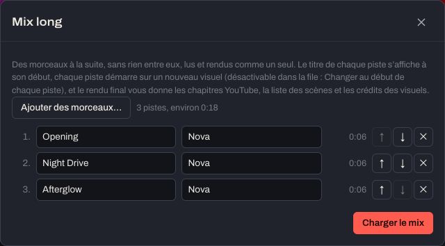 La fenêtre Mix long, avec deux morceaux dans l’ordre, leurs titres et leurs artistes.
