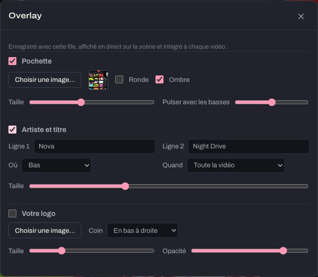La fenêtre Overlay : pochette, artiste et titre, et votre logo, chacun avec ses options.