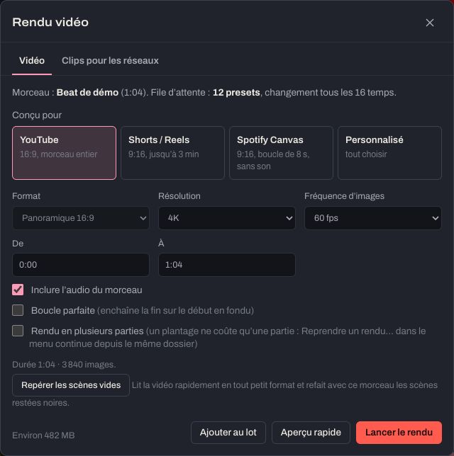 La fenêtre Rendu vidéo : Conçu pour YouTube, Shorts / Reels, Spotify Canvas ou Personnalisé ; format, résolution, fréquence d’images, De et À.