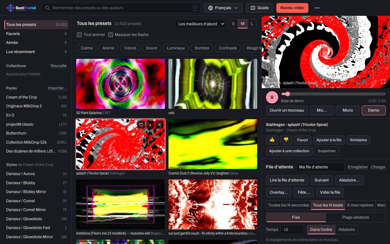 Le studio BeatFractal : la bibliothèque de visualiseurs à gauche, la scène en direct et la file d’attente à droite.