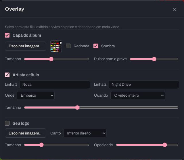 A janela Overlay: capa do álbum, artista e título, e seu logo, cada um com suas opções.