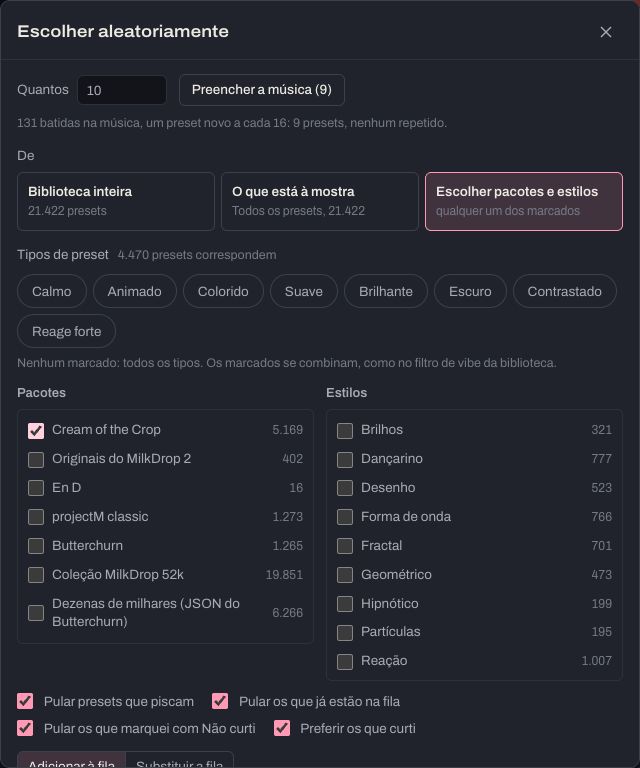A janela Escolher aleatoriamente: quantos, de onde escolher, tipos de preset, pacotes e estilos, Combinar com a música e Escolher.