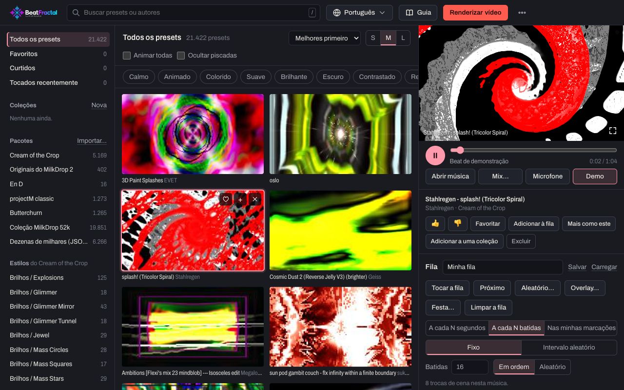 O estúdio do BeatFractal: a biblioteca de visualizadores à esquerda, o palco ao vivo e a fila à direita.