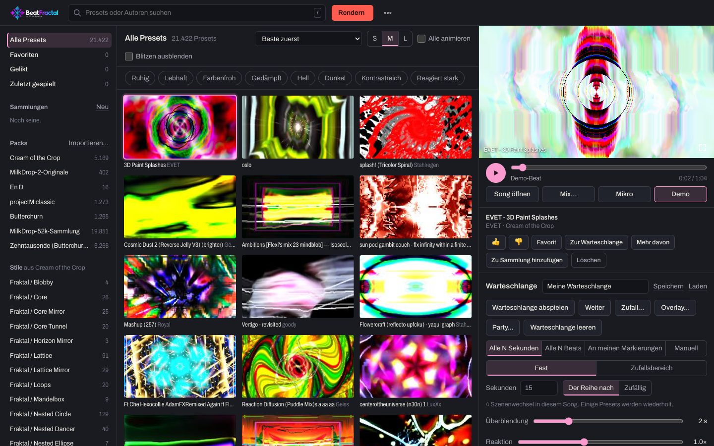 Das BeatFractal-Studio: ein Raster mit Visualizer-Vorschauen, die Warteschlange und der Player.