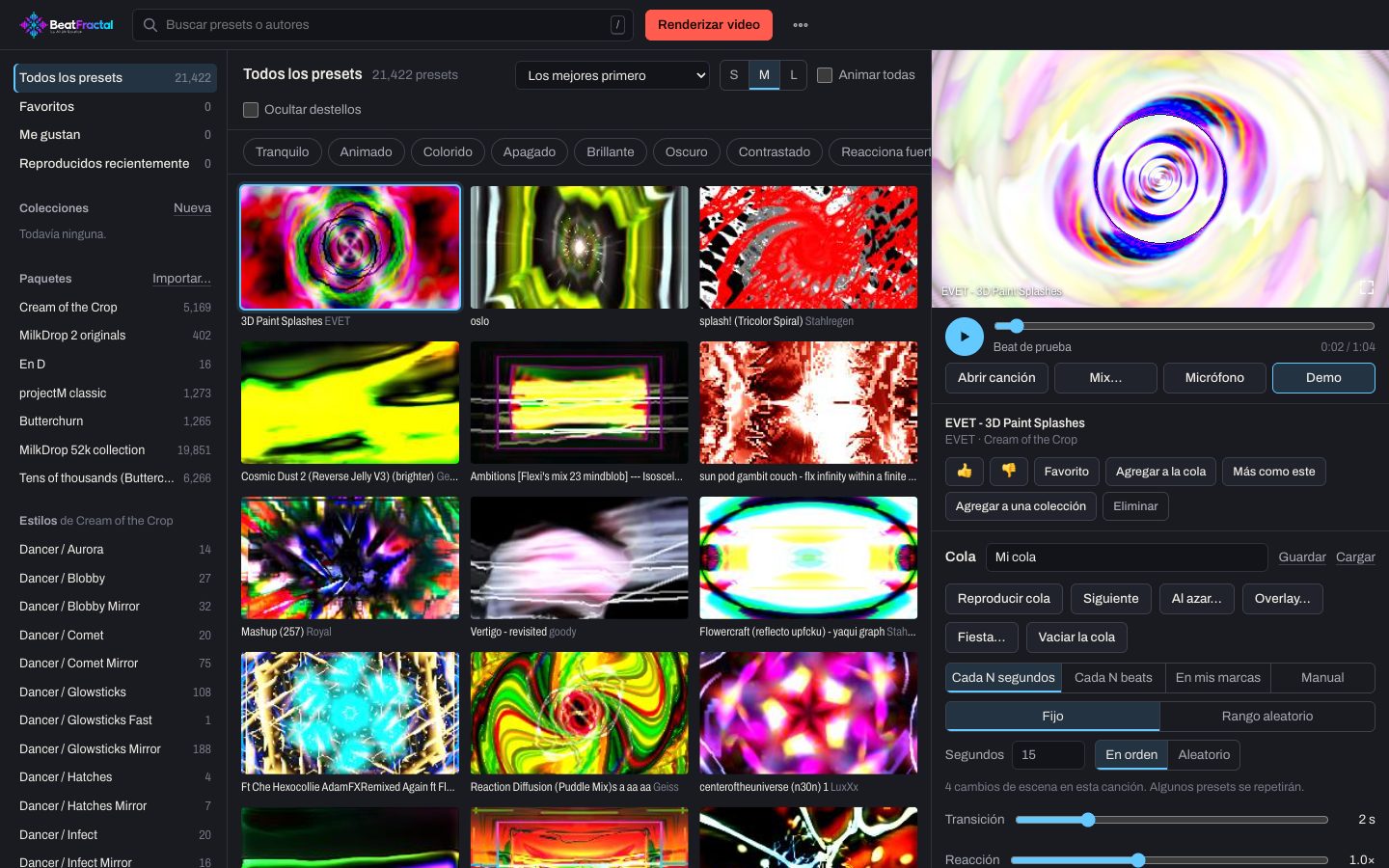 El estudio de BeatFractal: una cuadrícula de vistas previas de visualizadores, la cola y el reproductor.