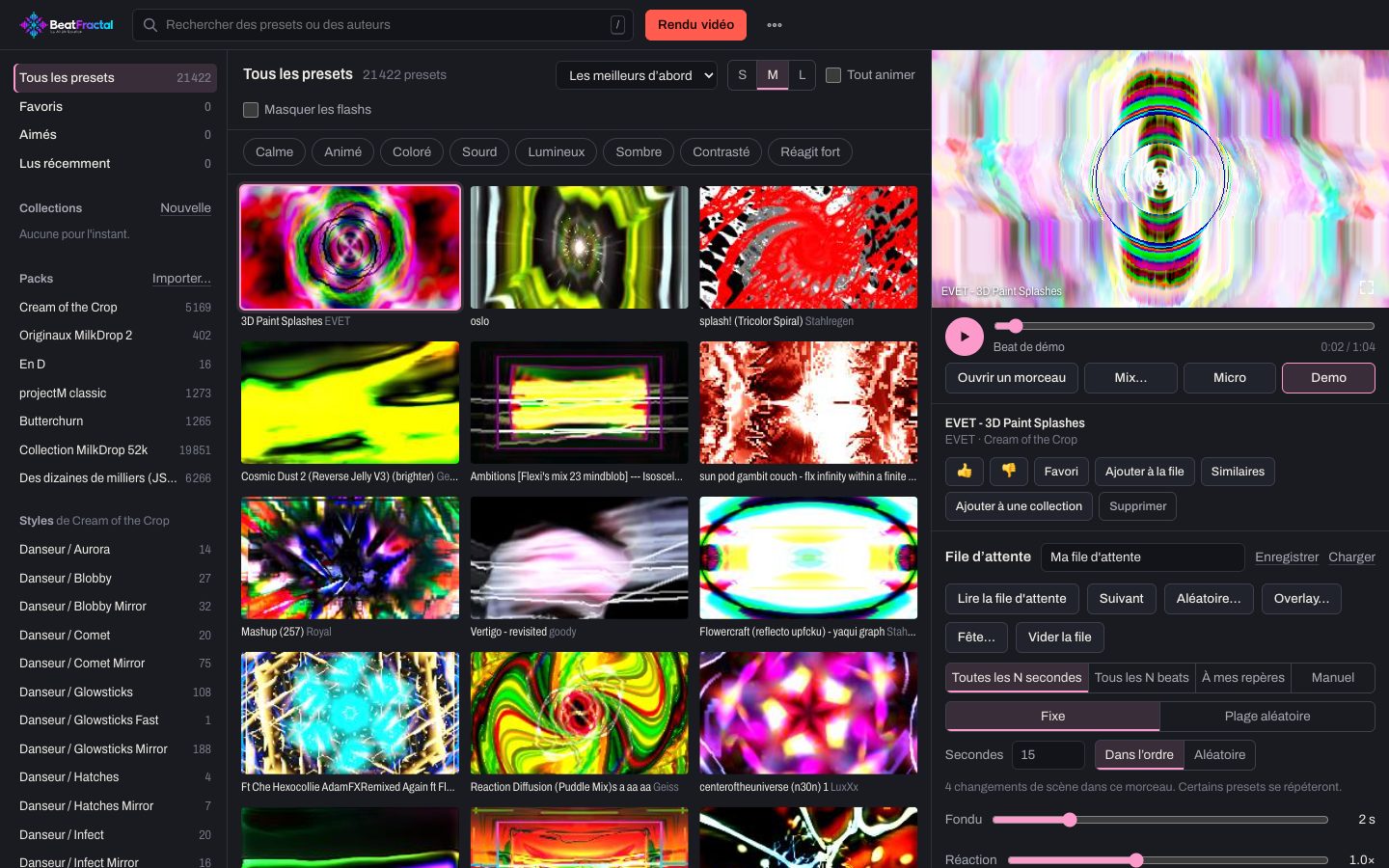 Le studio BeatFractal : une grille d’aperçus de visualiseurs, la file d’attente et le lecteur.