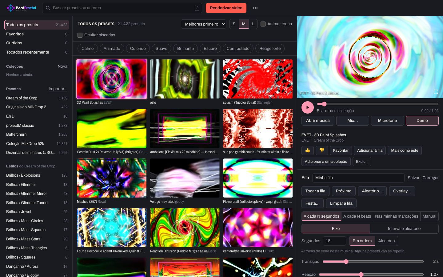 O estúdio do BeatFractal: uma grade de prévias de visualizadores, a fila e o player.